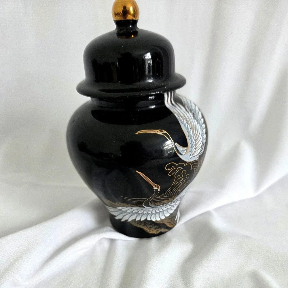 Shibata Japan Black Porcelain Jar White Cranes Gold Accents 5 Inch